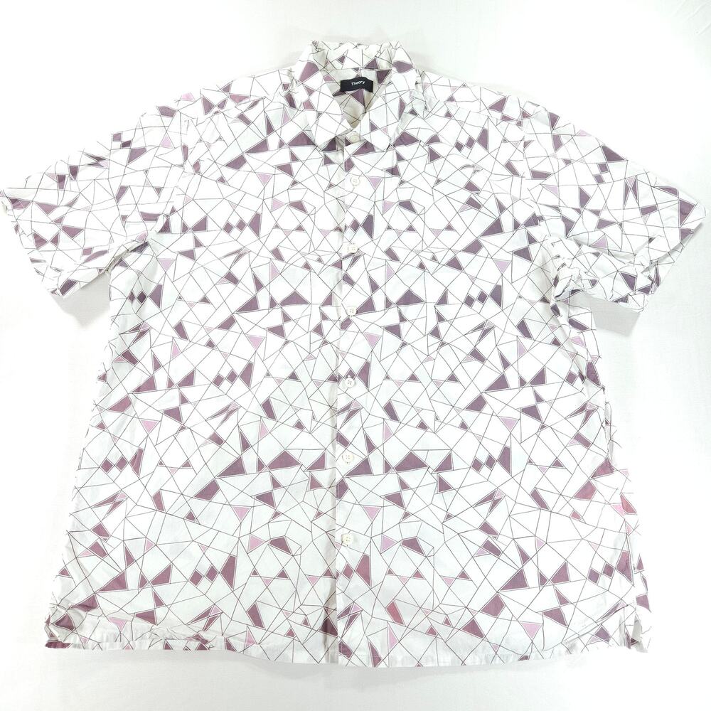 Theory Murray Geoline Print Short Sleeve Button Down Shirt White Purple XXL